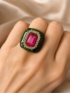 Italian Luxury Jewelry Green Statement Ring Pink Crystal Rhinestone Size 7.5
